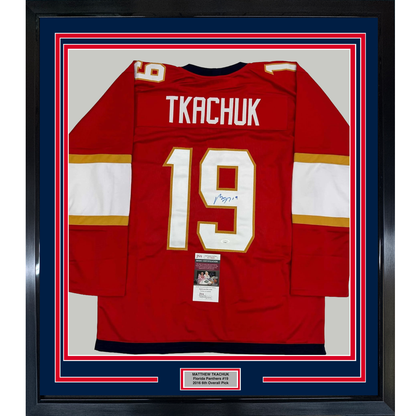 Framed Autographed/Signed Matthew Tkachuk 35x39 Florida Red Hockey Jersey JSA COA