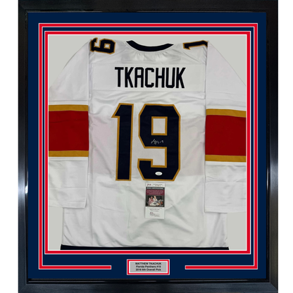 Framed Autographed/Signed Matthew Tkachuk 35x39 Florida White Hockey Jersey JSA COA