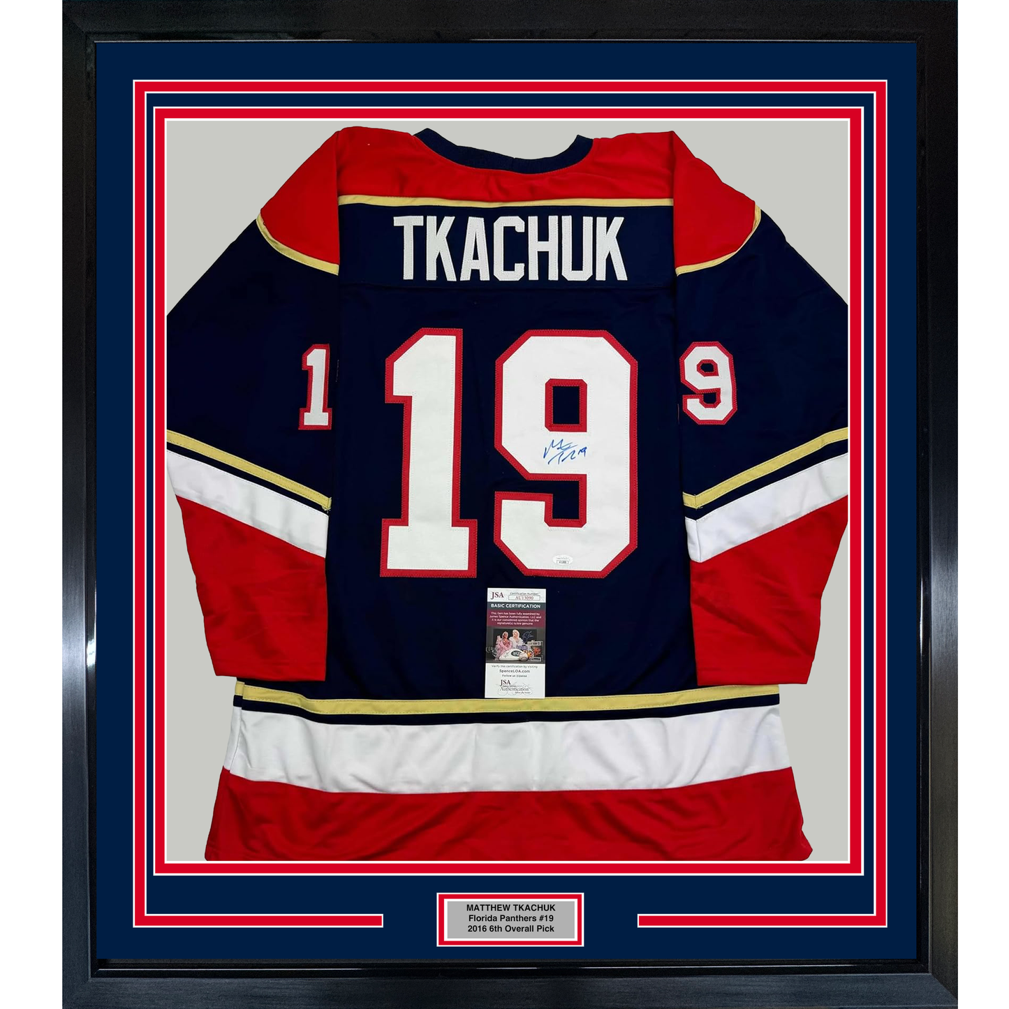 Framed Autographed/Signed Matthew Tkachuk 35x39 Florida Blue Hockey Jersey JSA COA
