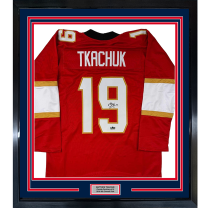 Framed Facsimile Autographed Matthew Tkachuk 35x39 Florida Red Reprint Laser Auto Hockey Jersey