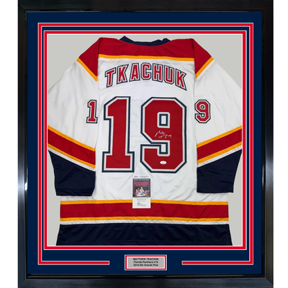 Framed Autographed/Signed Matthew Tkachuk 35x39 Florida White Retro Hockey Jersey JSA COA