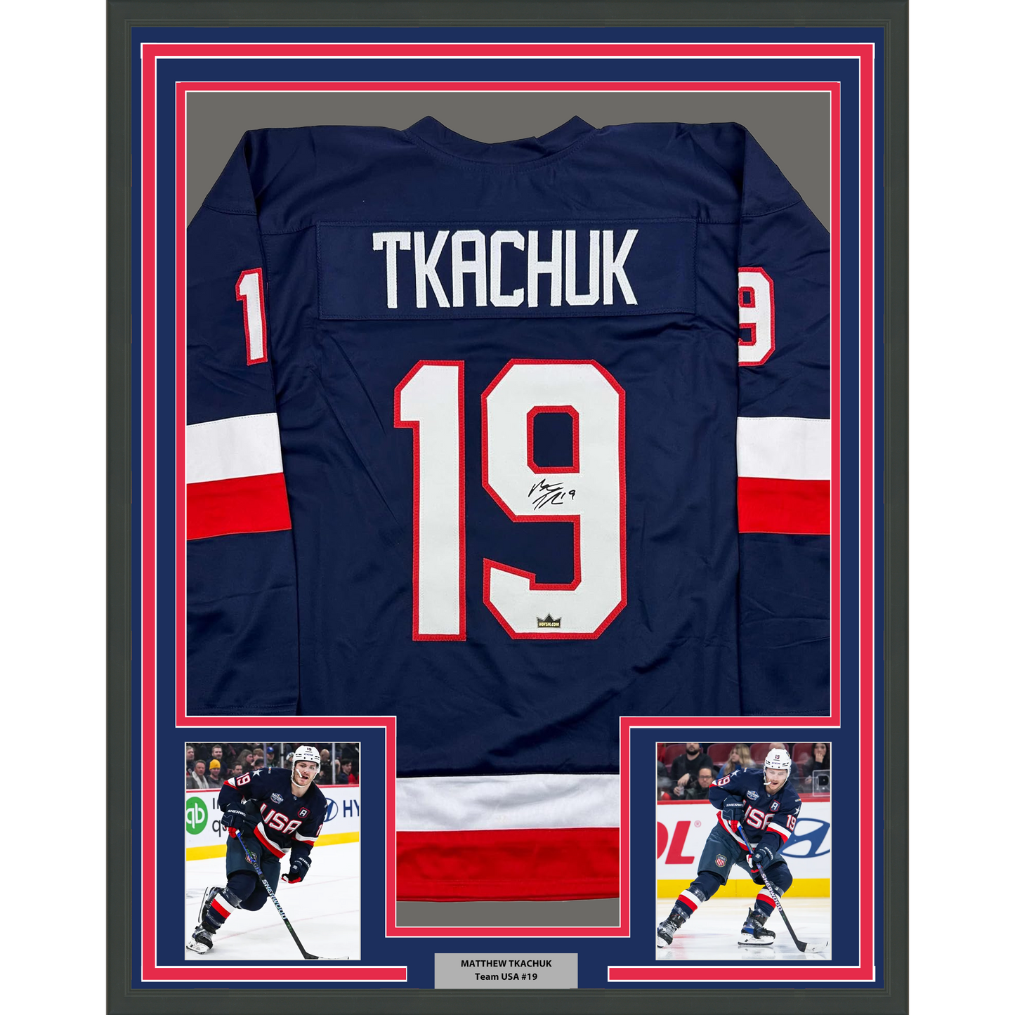 Framed Facsimile Autographed Matthew Tkachuk 35x39 United States USA Blue 2025 4 Nations Face-Off Reprint Laser Auto Hockey Jersey