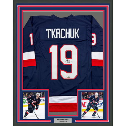 Framed Facsimile Autographed Matthew Tkachuk 35x39 United States USA Blue 2025 4 Nations Face-Off Reprint Laser Auto Hockey Jersey
