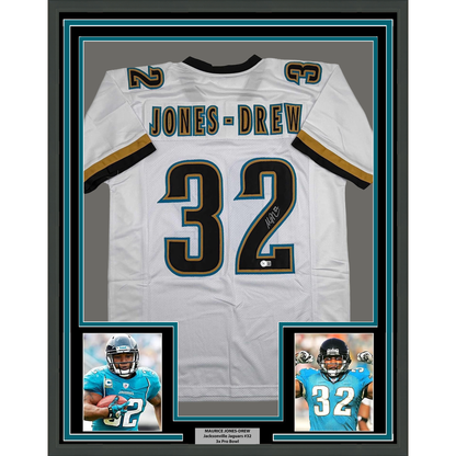Framed Autographed/Signed Maurice Jones-Drew 35x39 Jacksonville White Football Jersey Beckett BAS COA