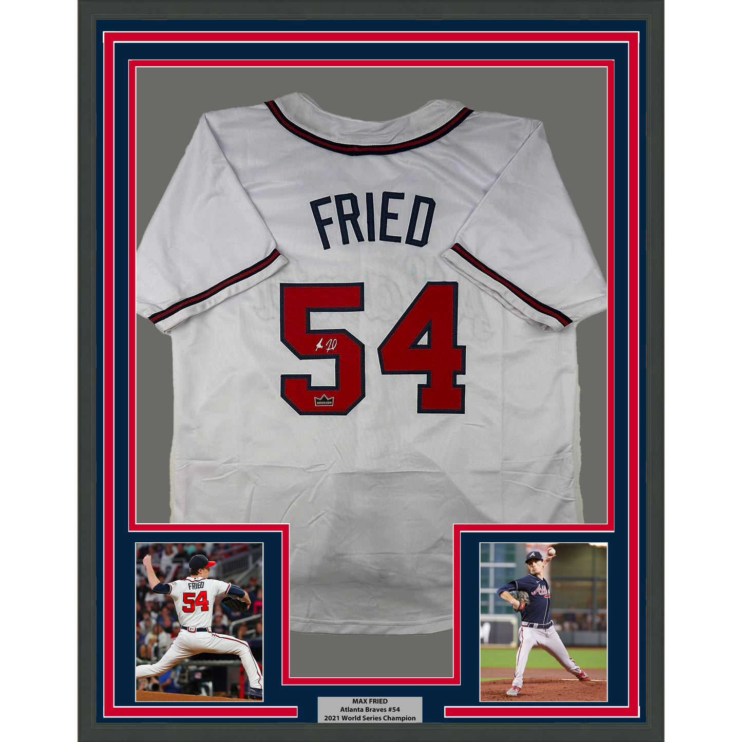Framed Facsimile Autographed Max Fried 35x39 Atlanta White Reprint Laser Auto Baseball Jersey