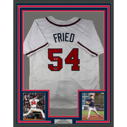Framed Facsimile Autographed Max Fried 35x39 Atlanta White Reprint Laser Auto Baseball Jersey