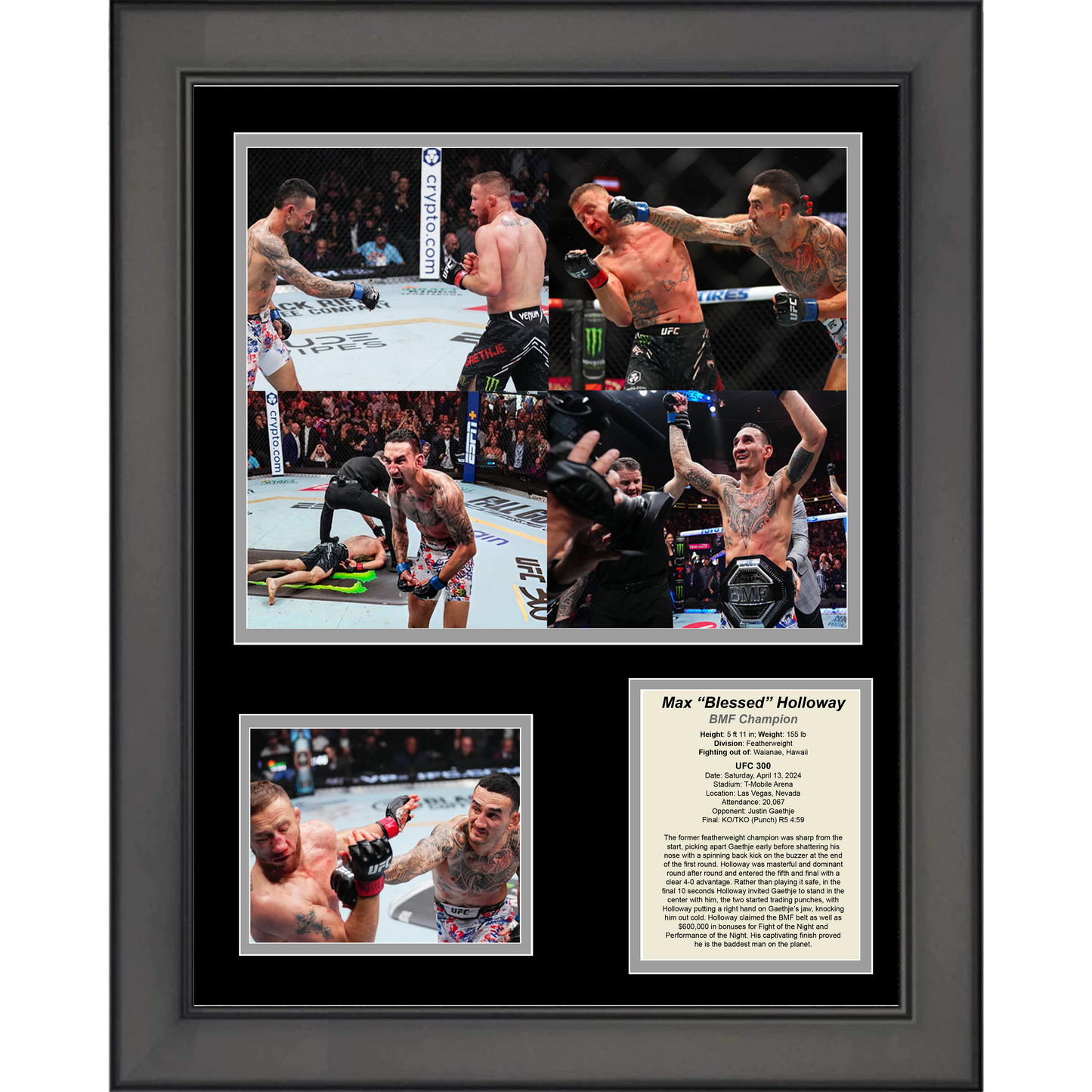 Framed Max Holloway BMF Championship vs Justin Gathje UFC 300 MMA 11"x14" Three Photo Collage