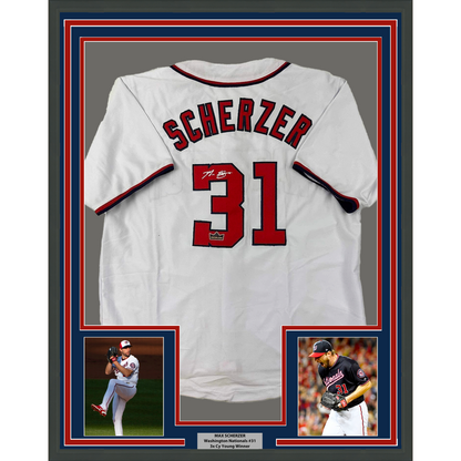 Framed Facsimile Autographed Max Scherzer 35x39 Washington White Reprint Laser Auto Baseball Jersey