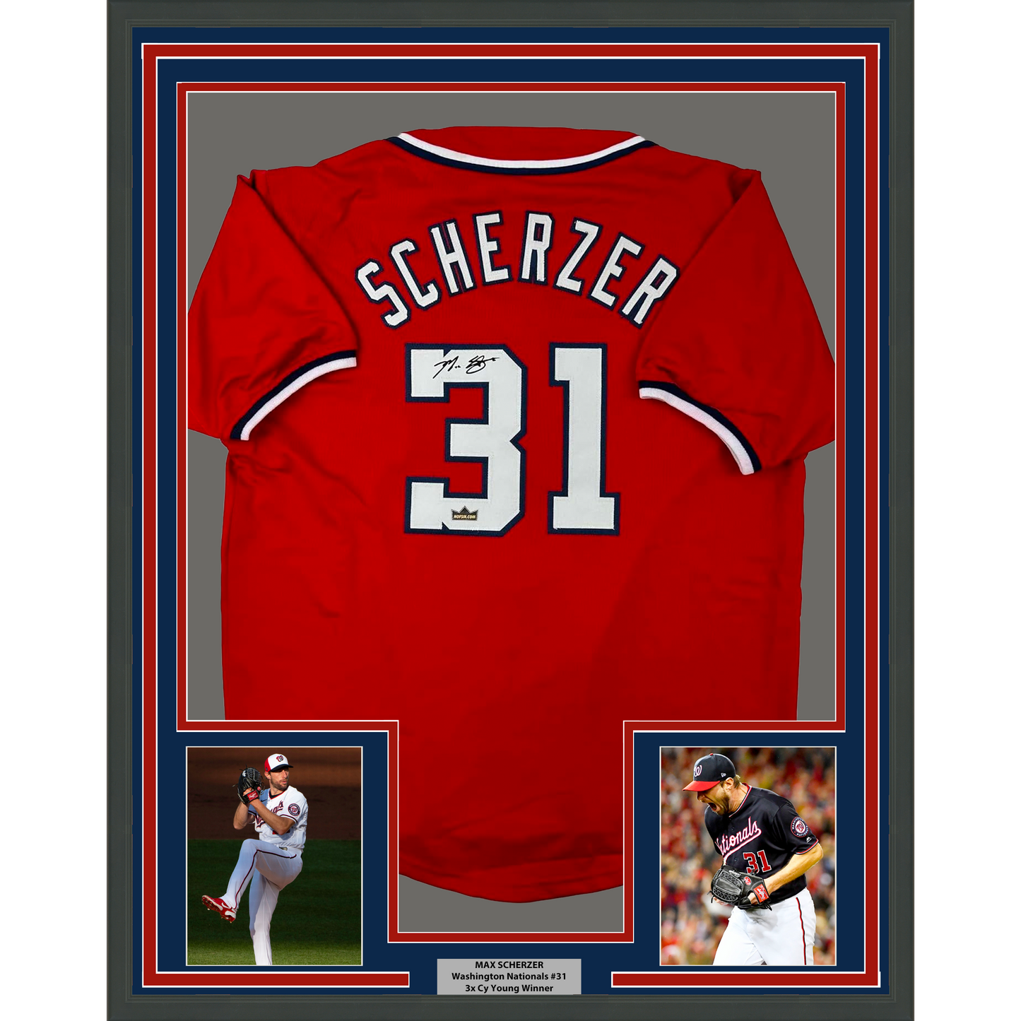 Framed Facsimile Autographed Max Scherzer 35x39 Washington Red Reprint Laser Auto Baseball Jersey