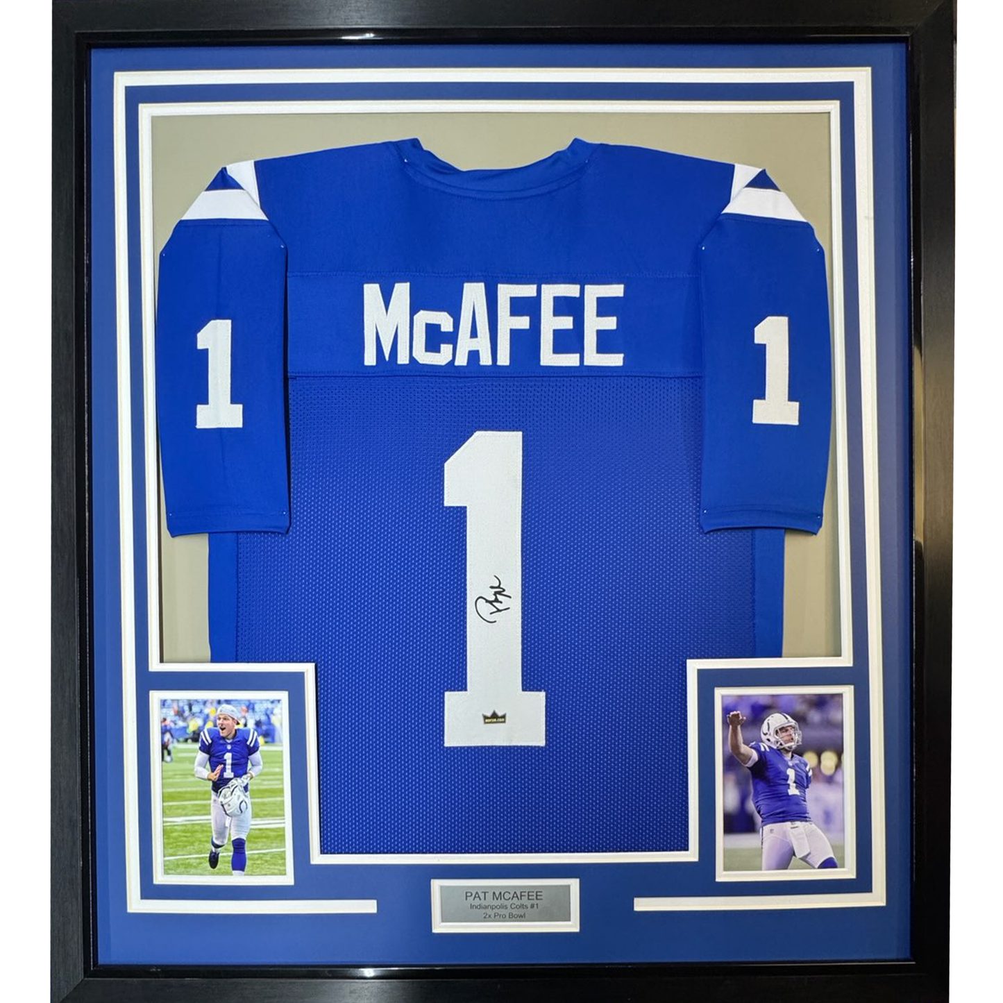 Framed Facsimile Autographed Pat McAfee 35x39 Indianapolis Blue Reprint Laser Auto Football Jersey
