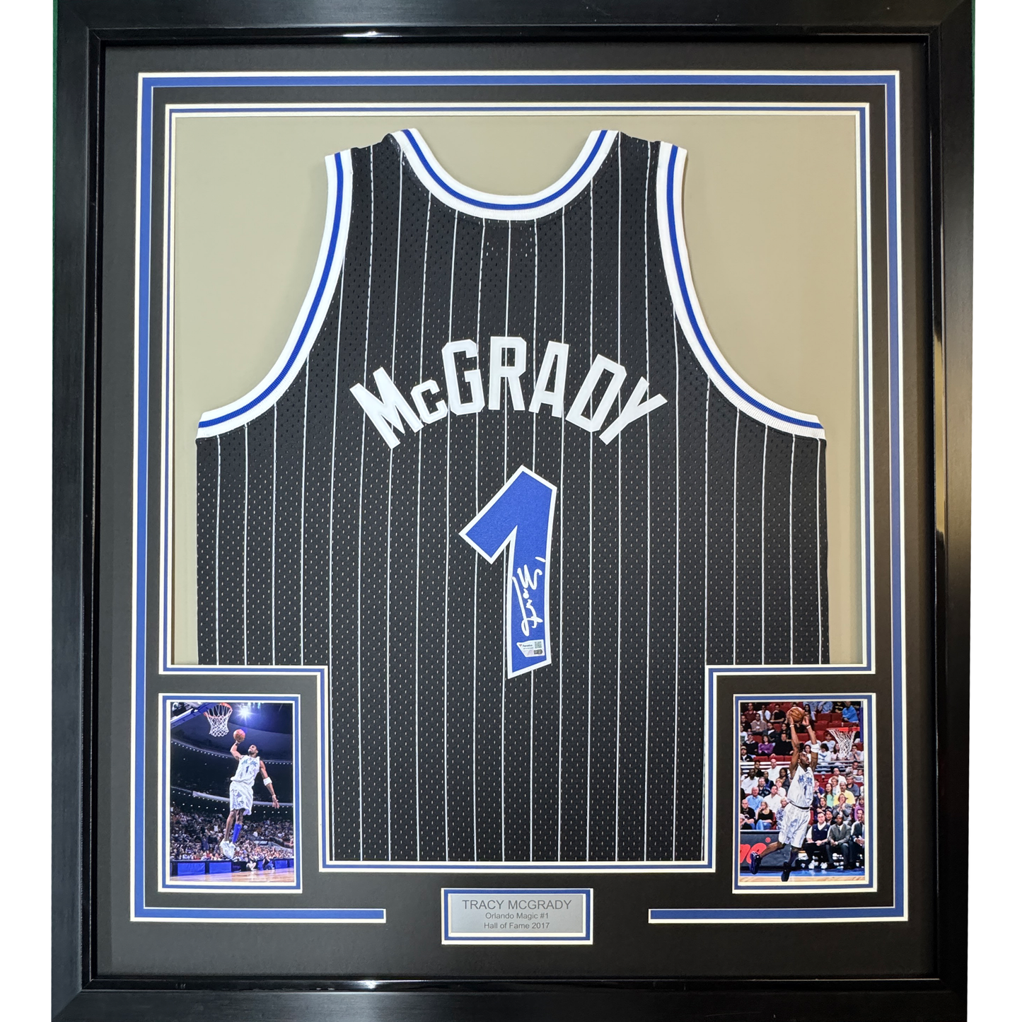 Framed Autographed/Signed Tracy McGrady 35x39 Orlando Magic Black Authentic Swingman Mitchell & Ness Basketball Jersey Fanatics COA