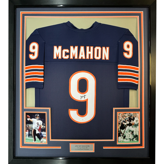 Framed Autographed/Signed Jim McMahon 35x39 Chicago Blue Football Jersey Beckett BAS COA