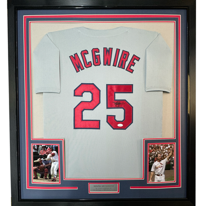 Framed Autographed/Signed Mark McGwire 35x39 St. Louis Grey Baseball Jersey JSA COA
