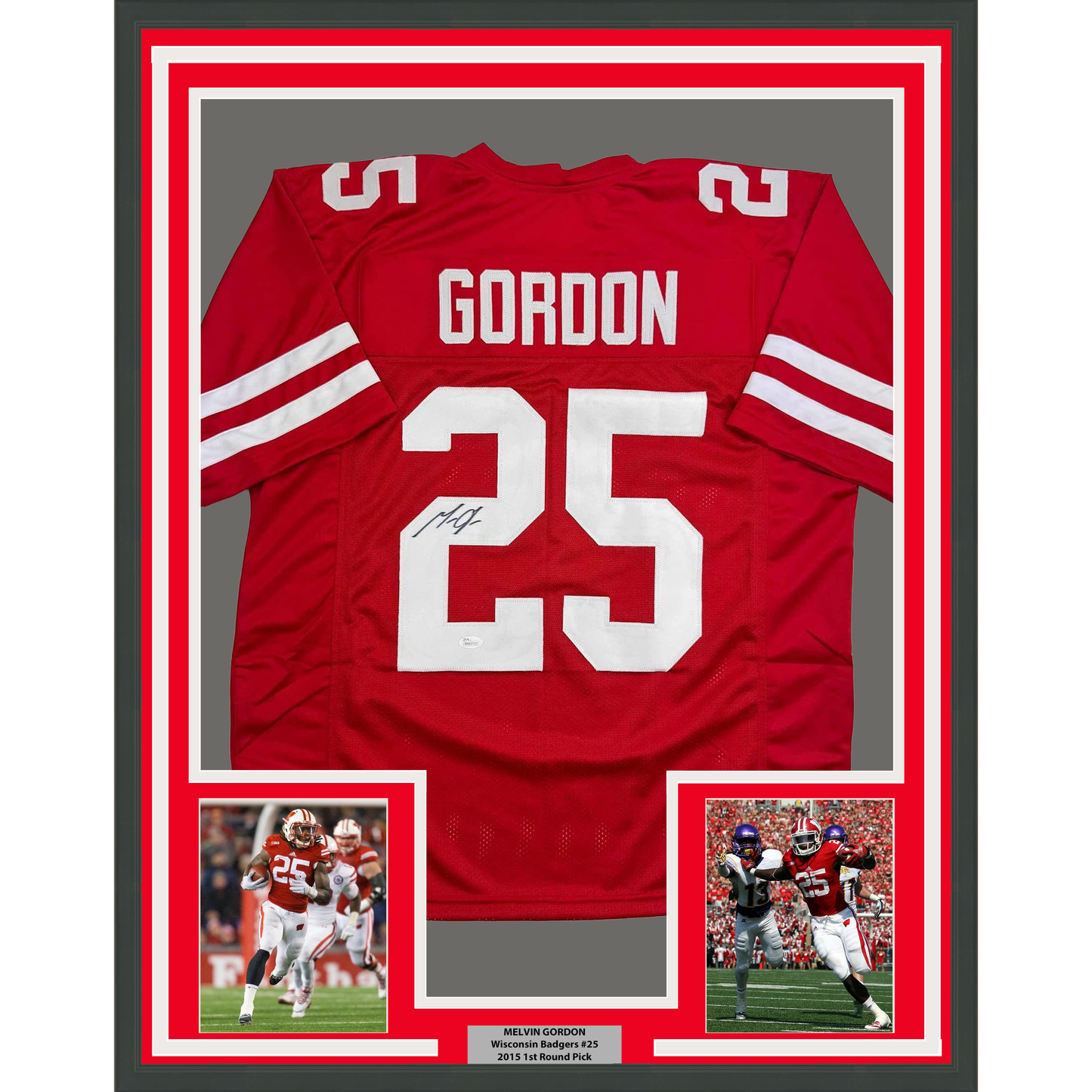Framed Autographed/Signed Melvin Gordon 35x39 Wisconsin Red College Football Jersey JSA COA