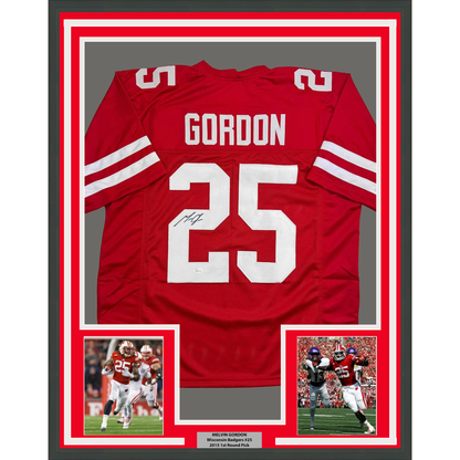 Framed Autographed/Signed Melvin Gordon 35x39 Wisconsin Red College Football Jersey JSA COA