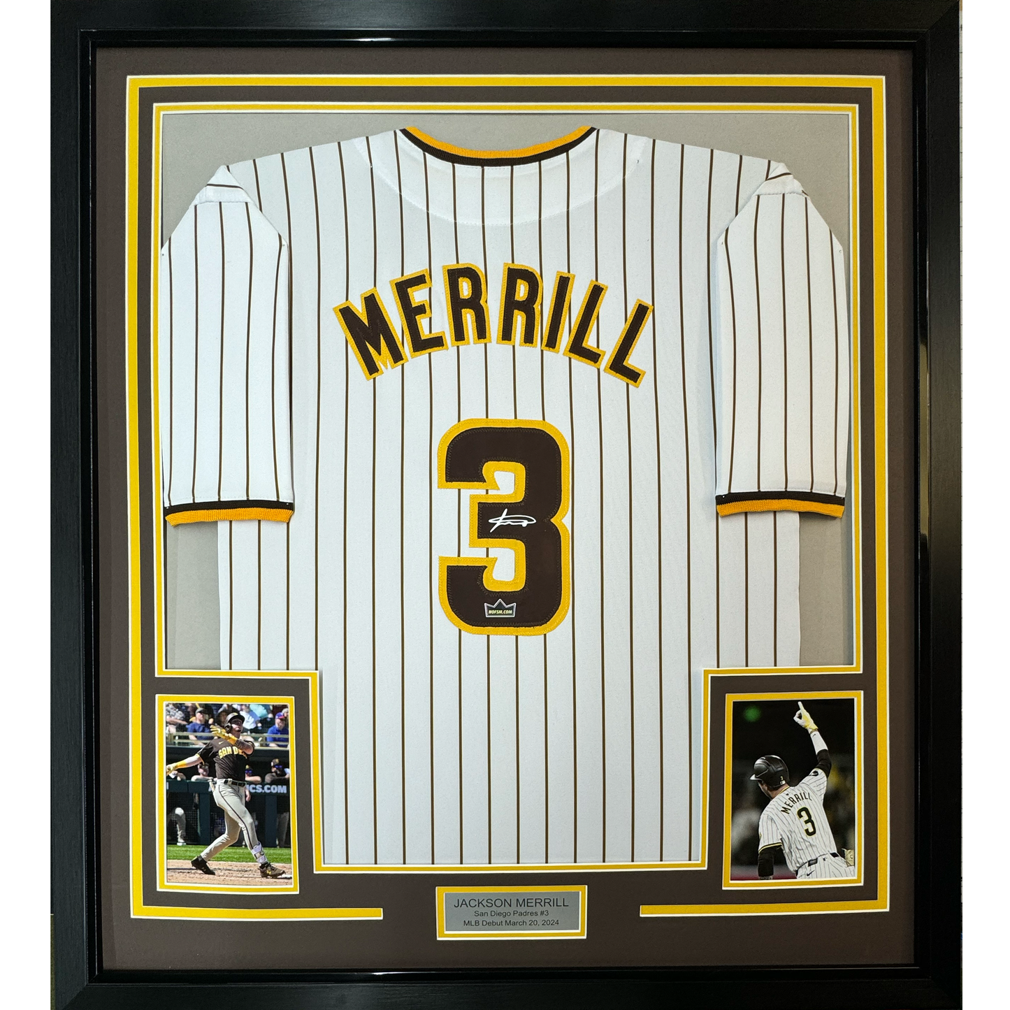 Framed Facsimile Autographed Jackson Merrill 35x39 San Diego Pinstripe Reprint Laser Auto Baseball Jersey
