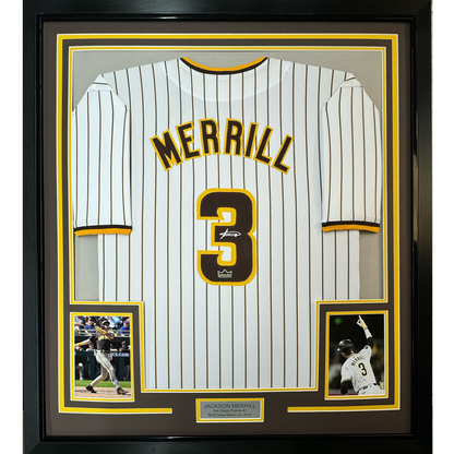 Framed Facsimile Autographed Jackson Merrill 35x39 San Diego Pinstripe Reprint Laser Auto Baseball Jersey