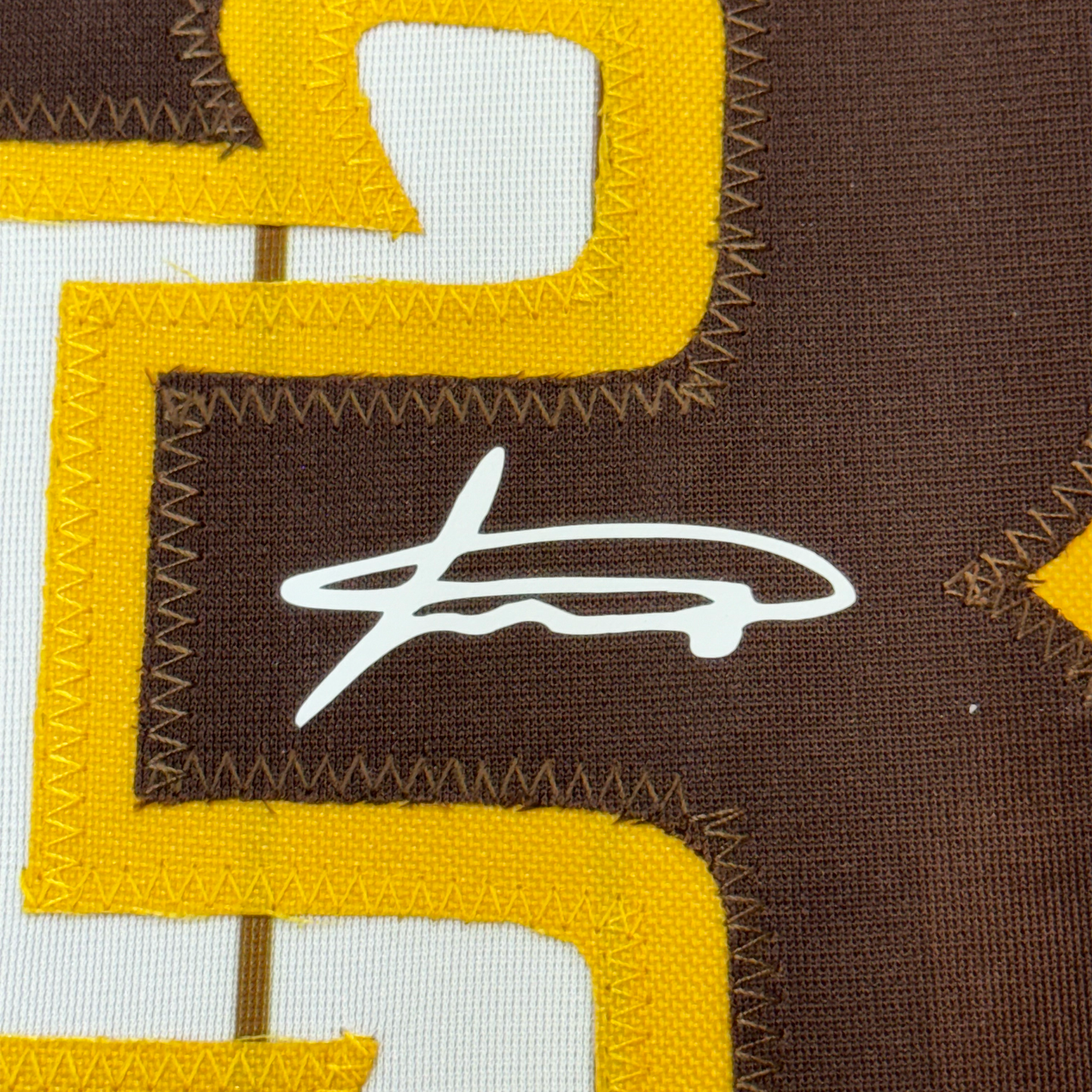 Framed Facsimile Autographed Jackson Merrill 35x39 San Diego Pinstripe Reprint Laser Auto Baseball Jersey