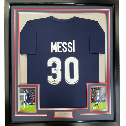 Framed Facsimile Autographed Lionel Messi Leo 35x39 PSG Blue Reprint Laser Auto Soccer Jersey