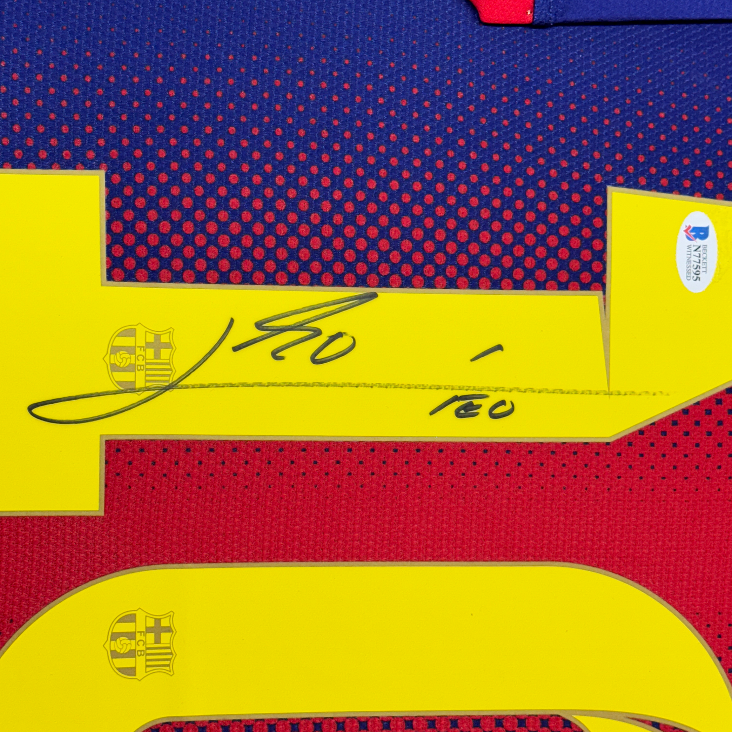 Framed Autographed/Signed Lionel Leo Messi 35x39 FC Barcelona Soccer Jersey Beckett BAS COA