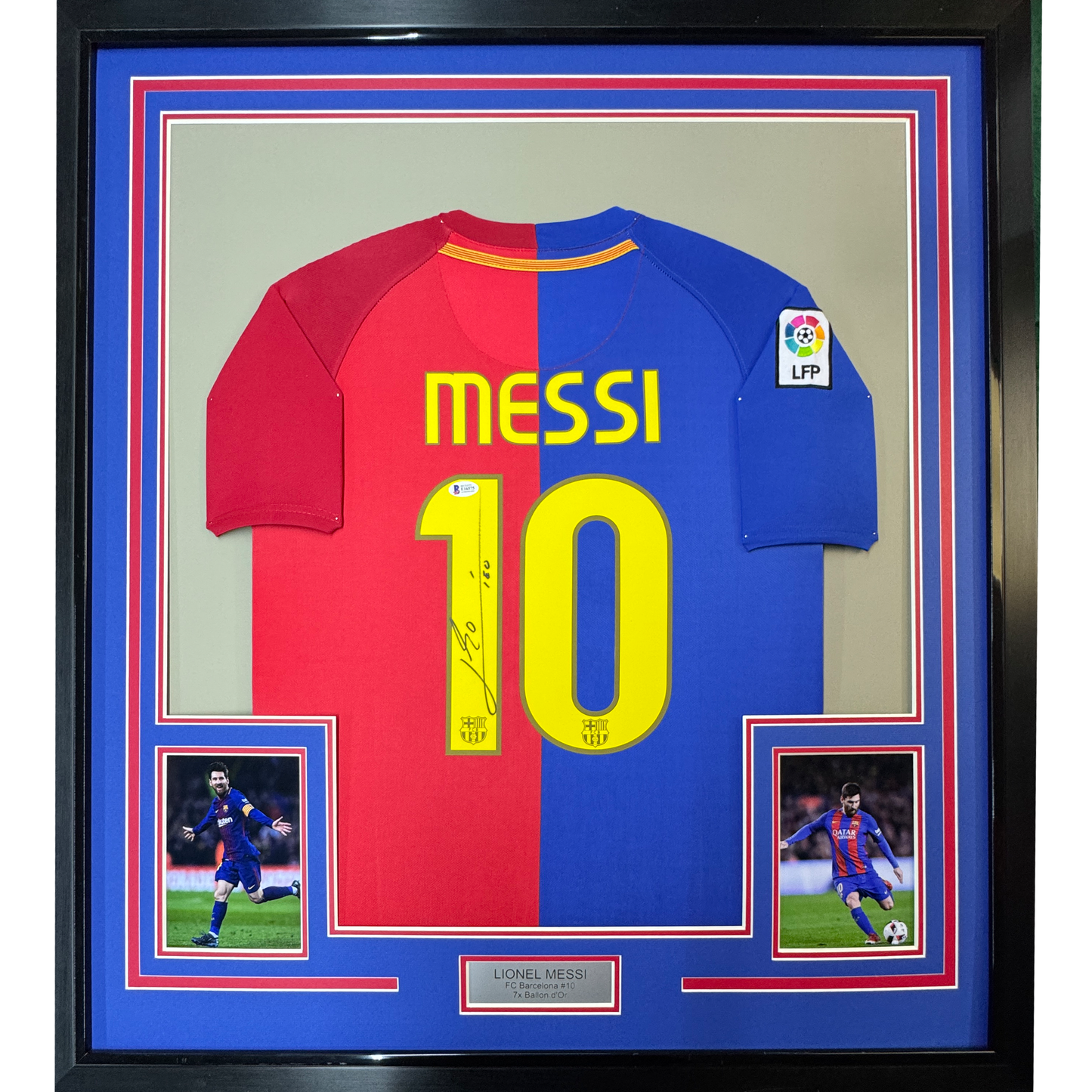 Framed Autographed/Signed Lionel Leo Messi 35x39 FC Barcelona Soccer Jersey Beckett BAS COA