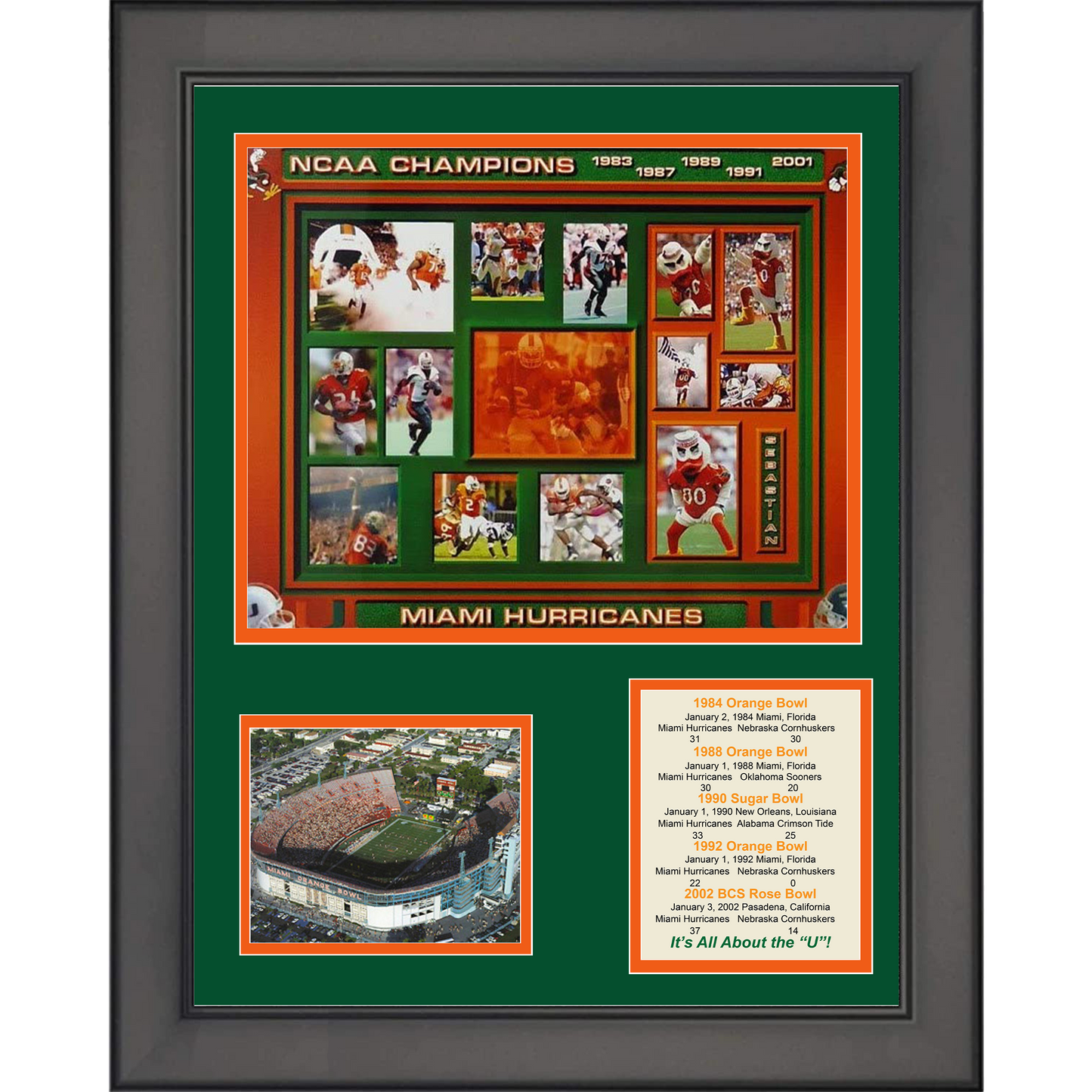 Framed Miami Hurricanes College Football Program History, Championships & Awards 11"x14" Three Photo Collage