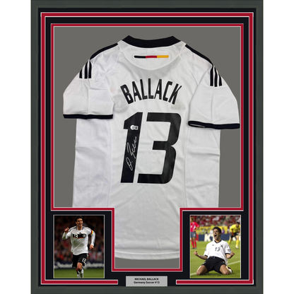 Framed Autographed/Signed Michael Ballack 35x39 Germany White Soccer World Cup Jersey Beckett BAS COA