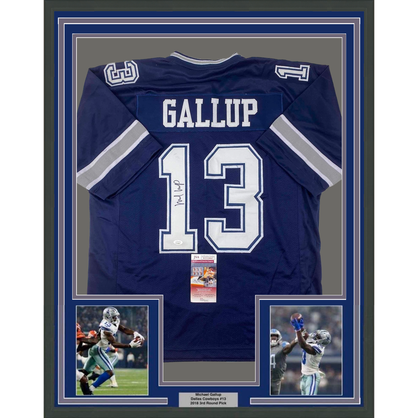 Framed Autographed/Signed Michael Gallup 35x39 Dallas Blue Football Jersey JSA COA