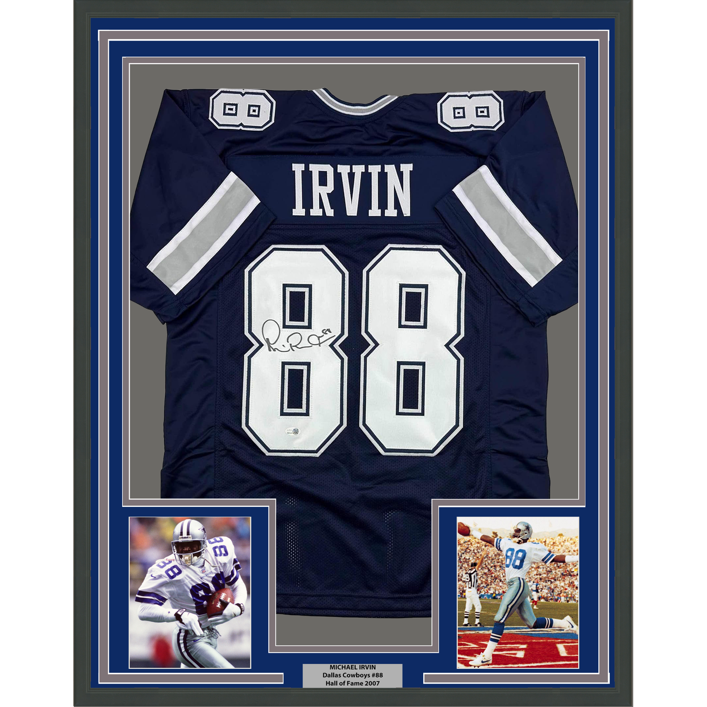 Framed Autographed/Signed Michael Irvin 35x39 Dallas Blue Football Jersey JSA COA