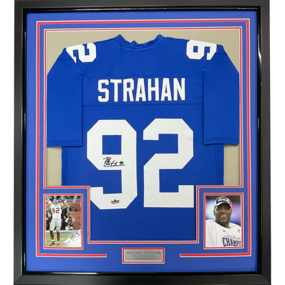 Framed Facsimile Autographed Michael Strahan New 35x39 York Blue Reprint Laser Auto Football Jersey