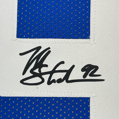 Framed Facsimile Autographed Michael Strahan New 35x39 York Blue Reprint Laser Auto Football Jersey