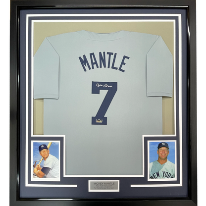 Framed Facsimile Autographed Mickey Mantle 35x39 New York Grey Reprint Laser Auto Baseball Jersey