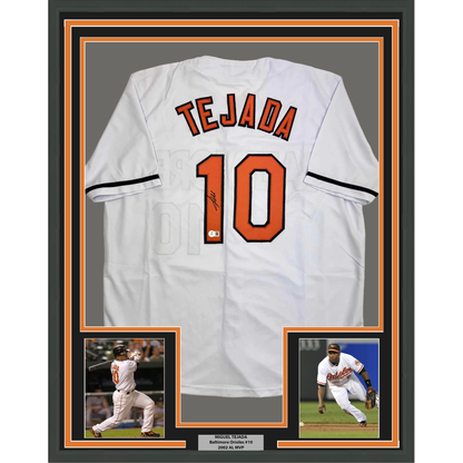 Framed Autographed/Signed Miguel Tejada 35x39 Baltimore White Baseball Jersey Beckett BAS COA