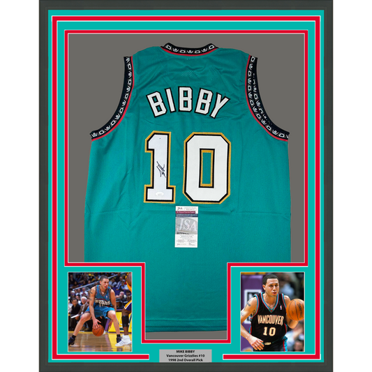 Framed Autographed/Signed Mike Bibby 35x39 Vancouver Teal Retro Basketball Jersey JSA COA