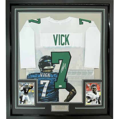 Framed Autographed/Signed Michael Mike Vick 35x39 Philadelphia White Artwork Photo Football Jersey JSA COA