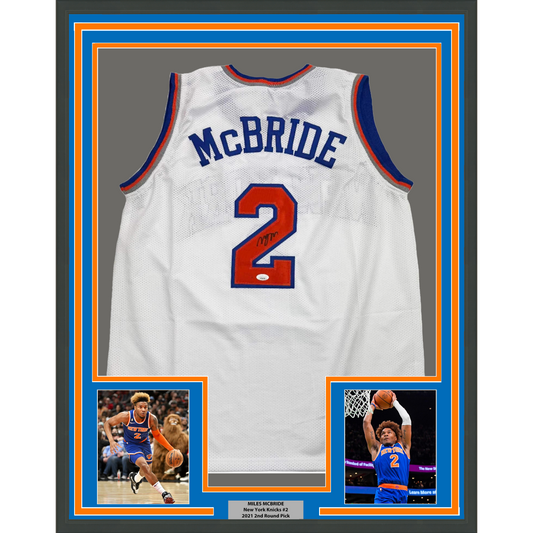 Framed Autographed/Signed Miles Deuce McBride 35x39 New York White Basketball Jersey JSA COA