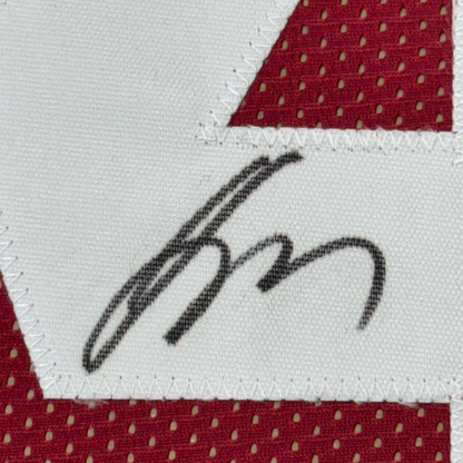 Framed Autographed/Signed Jalen Milroe 35x39 Alabama Red College Football Jersey JSA COA