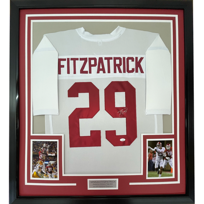 Framed Autographed/Signed Minkah Fitzpatrick 35x39 Alabama White College Football Jersey JSA COA