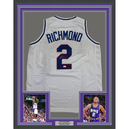 Framed Autographed/Signed Mitch Richmond 35x39 Sacramento White Basketball Jersey JSA COA