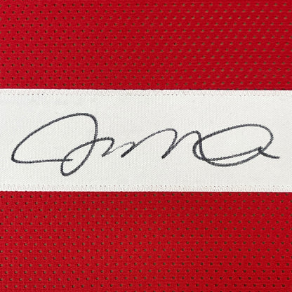 Framed Autographed/Signed Joe Montana 35x39 San Francisco Red Football Jersey JSA COA