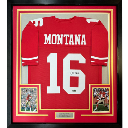 Framed Facsimile Autographed Joe Montana 35x39 San Francisco 49ers Red Reprint Laser Auto Football Jersey