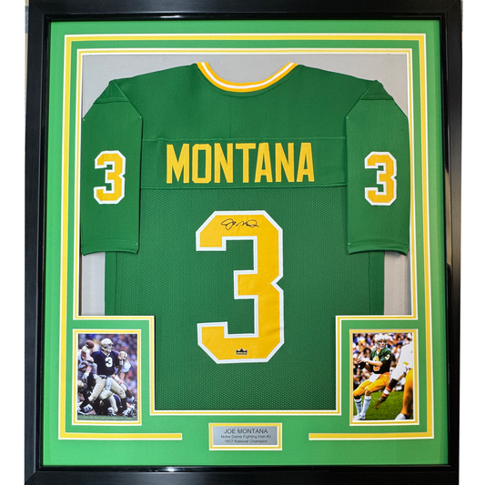 Framed Facsimile Autographed Joe Montana 35x39 Notre Dame Green Reprint Laser Auto College Football Jersey