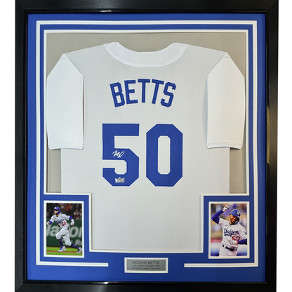 Framed Facsimile Autographed Mookie Betts 35x39 Los Angeles LA White Reprint Laser Auto Baseball Jersey