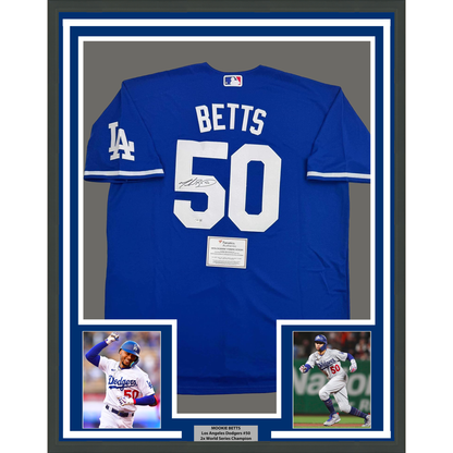 Framed Autographed/Signed Mookie Betts 35x39 Los Angeles LA Blue Baseball Jersey Fanatics COA