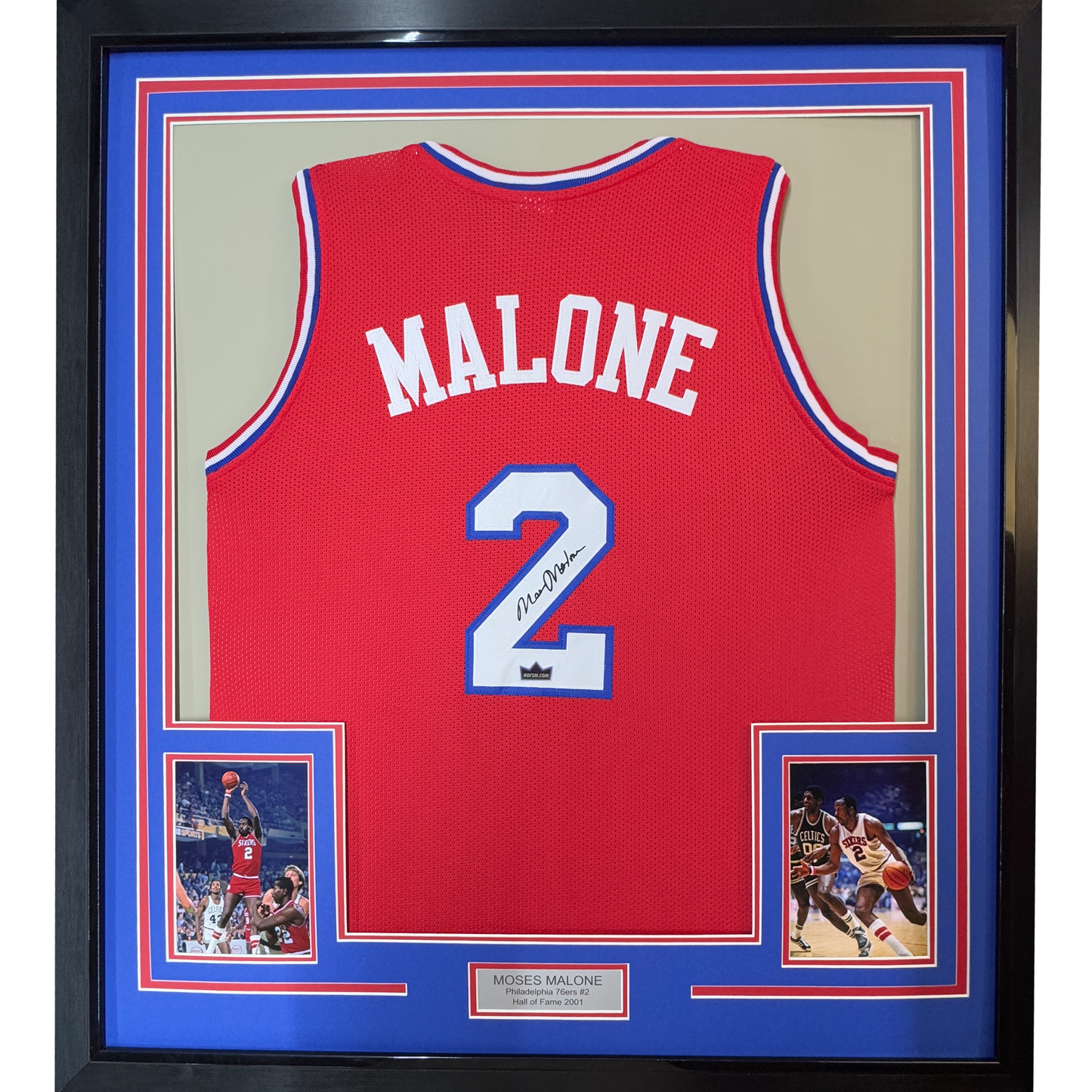 Framed Facsimile Autographed Moses Malone 35x39 Philadelphia Red Reprint Laser Auto Basketball Jersey