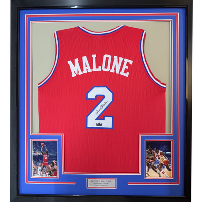Framed Facsimile Autographed Moses Malone 35x39 Philadelphia Red Reprint Laser Auto Basketball Jersey
