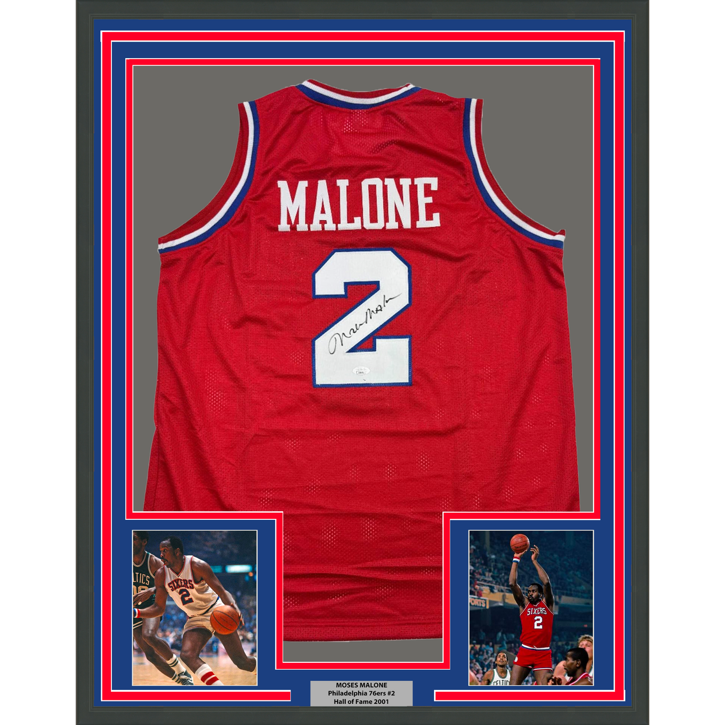 Framed Autographed/Signed Moses Malone 35x39 Philadelphia Red Basketball Jersey JSA COA