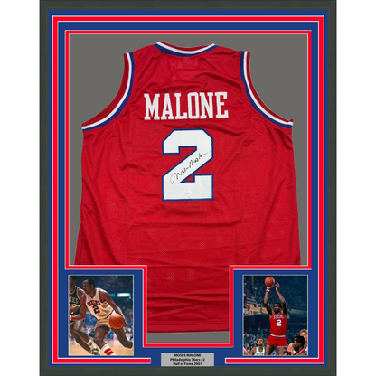Framed Autographed/Signed Moses Malone 35x39 Philadelphia Red Basketball Jersey JSA COA