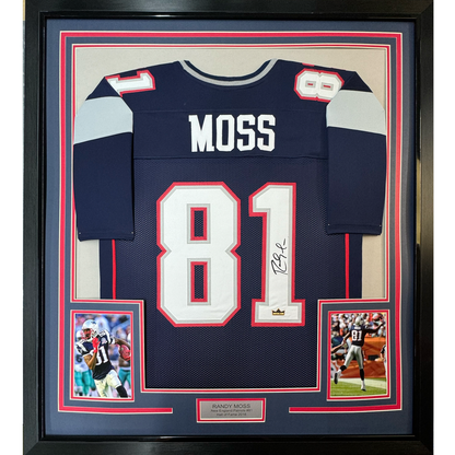 Framed Facsimile Autographed Randy Moss 35x39 New England Blue Reprint Laser Auto Football Jersey