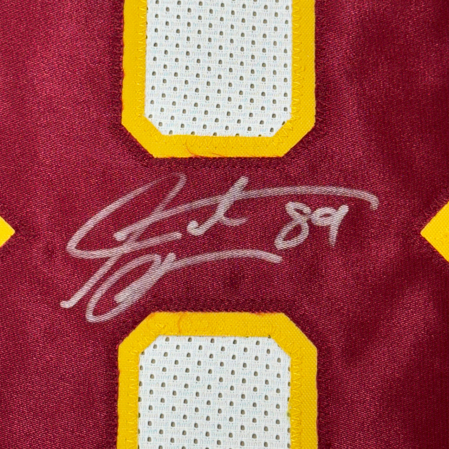 Framed Autographed/Signed Santana Moss 35x39 Washington White Football Jersey JSA COA